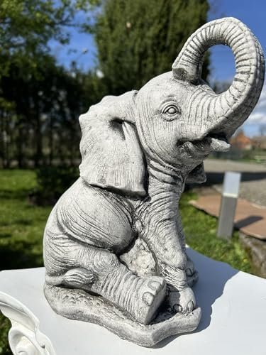 FABRIQ Felice elefante – Statuetta da giardino realistica in pietra resistente alle intemperie, peso 5,8 kg, altezza 27 cm