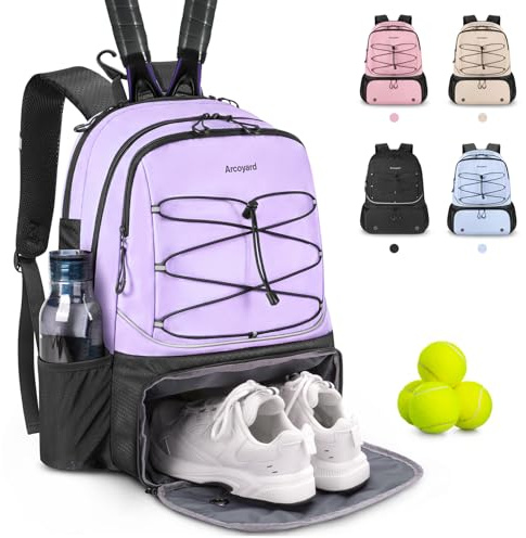 Arcoyard Large Tennis Bag for Women - Ventilated Shoe Compartment, Insulated Pocket, Holds 2 Tennis/Pickleball Rackets & Balls - Purple