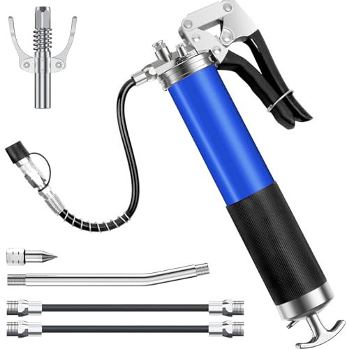JOLIGAEA Fettpresse für Schmiernippel, 7000 PSI Einhand Fettpresse Set, Einhandfettpresse mit Kartusche, Mundstück, Flexschlauch und Metallrohr, Fettpresse mit Mundstück für 400ML Fettkartusche