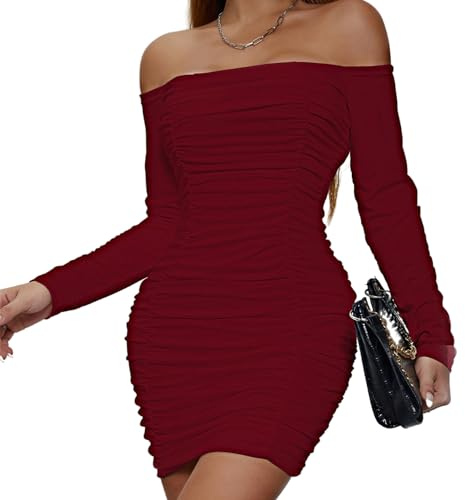 Belriviere Womens Sexy Mini Dress Bodycon Ruched Off The Shoulder Long Sleeve Short Dresses for Party Night Out Clubwear L Wine Red
