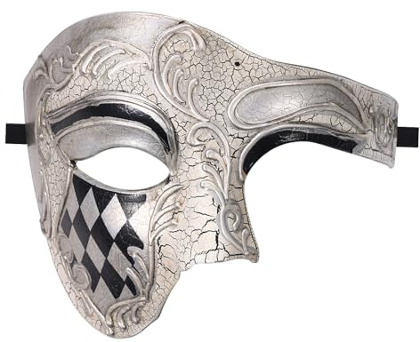 JewelryWe Venetiansk maskerad för män: Silverfanom av operan halvmask vintage italiensk karnevalsmask, halvansiktsmask, kostym, mask för män, halloween, cosplay, karneval, fest