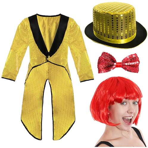 I LOVE FANCY DRESS Adults Dancing Groupie Costume - XLarge - Gold Top Hat, Red Bob Wig, Gold Sequin Tailcoat, and Red Sequin Bow Tie - Perfect for Halloween & Movie Themed Events