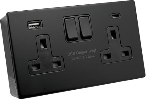 SH|P® 2 Gang 13A Screwless Matte Black Switched Socket with Dual 15W USB Fast Charging Ports (Type A & C) and 32mm Surface Mount Pattress Box