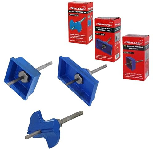 TCT SDS Plus Electricians Box Cutter Set 3 Piece Professional Masonry Wall Chaser for Single & Double Back Boxes, Square & Circular Cutting Blades for Fast Electrical Socket Installation