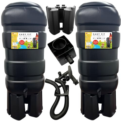 2 x Strong Traditional Black 100L Water Butt Barrels Rain Water Collectors Including Lids, Taps, Stands & Filler Kits