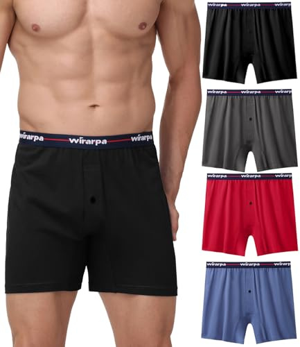 wirarpa Men's Boxers Loose Fit Underwear Boxer Shorts 4 Pack | 100 Cotton, Button Fly, Comfort Underpants