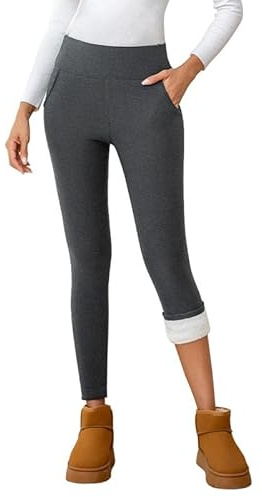 Legging Thermique Femme Hiver Chaud Legging Doublé Polaire Pantalon Taille Haute Leggings avec Poches de Sport Yoga et Détente, Gris chiné M