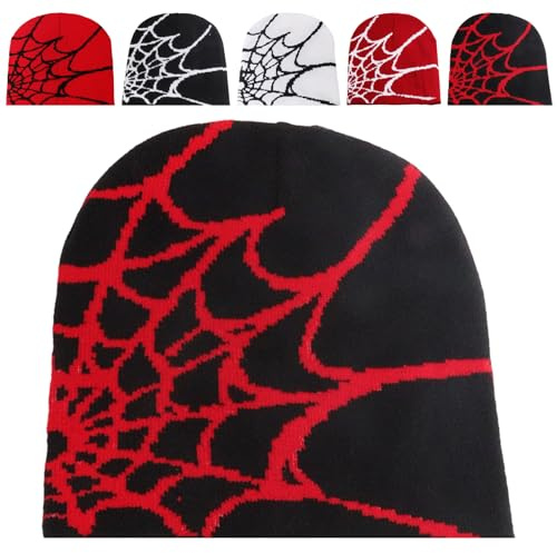 HUANYO Spider Web Knitted Beanie Hat, Unisex Slouchy Skull Cap, Hip Hop Style for Daily Wear, Running, Cycling for Men and Women (UK, Alpha, S, XL, Black + red)
