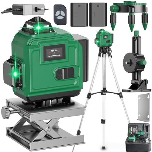 Livella Laser Autolivellante 4x360° con Treppiede, Livella Laser Verde Professionale, 2xBatterie, Telecomando, Supporto rotante