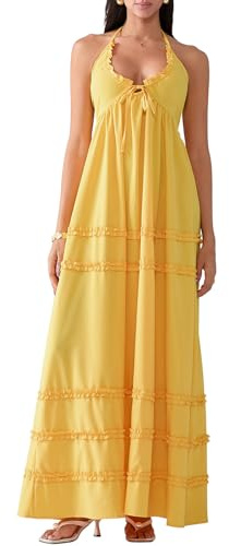 Caziffer Robe Femme Longue Été, Robe Élégante Halter Neck sans Manche, Robes Chic Bohème, Dos Nu Couleur Unie pour Femme Party Plage