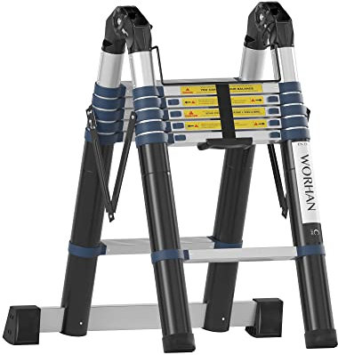 WORHAN 3.8m Escalera Doble Telescopica Pro Multiuso Multifuncional Plegable Tijera Aluminio Anodizado Nueva Generación Calidad Alta 380cm K3.8C