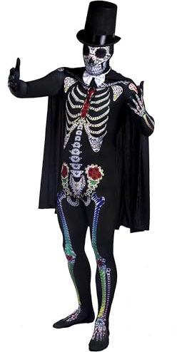 Day of the Dead Sugar Skull Skeleton Skin Suit Halloween Fancy Dress Costume - With Black Stovepipe Top Hat + White Satin Bowtie + Black Cape - Dia De Los Muertos Mexican Spanish Senor - Small