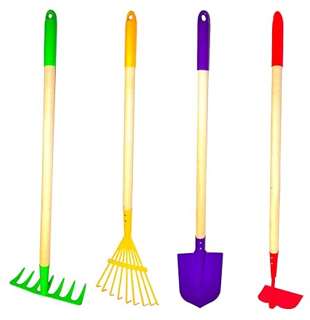JustForKids Kids Garden Tool Set Toy, Rake, Spade, Hoe and Leaf Rake, reduced size , made of sturdy steel heads and real wood handle, 4-Piece, Multicolored, 5yr+