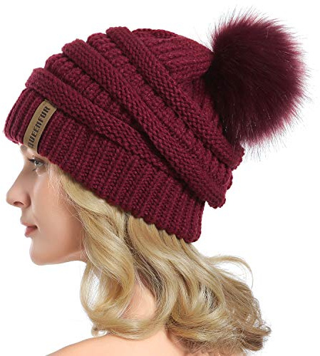 QUEENFUR Women Knit Slouchy Beanie Chunky Baggy Hat with Faux Fur Pompom Winter Soft Warm Ski Cap