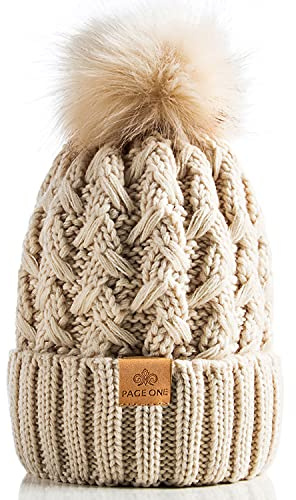 PAGE ONE Womens Winter Ribbed Beanie Crossed Cap Chunky Cable Knit Pompom Soft Warm Hat Beige