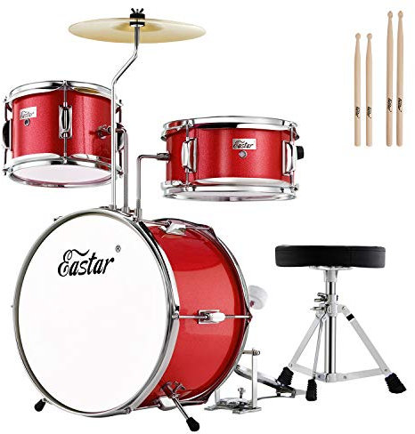 Eastar Schlagzeug 14 3 PC, für Kinde, Schlagzeug Set mit Snare, Tom, Bass Drum, Bass Drum Pedal, Thron, Becken, Drumsticks, Metallisches Rot