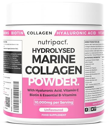 Nutripact Marine Collagen Powder with Hyaluronic Acid, Biotin, Vitamin C & B Vitamins 10,000mg Hydrolysed Collagen Peptides Types 1 & 3, Unflavoured, Odourless, Highly Bioavailable – 30 Servings, 300g