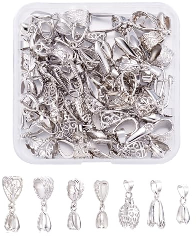 PandaHall 42pcs Brass Ice Pick Pinch Bails Mixed Styles Necklace Pinch Clasp Bails for DIY Necklace Jewelry Making, Platinum