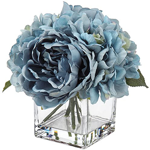 Briful Fake Flowers in Vase Silk Peony Hydrangea Flowers with Faux Water for Home Wedding Party Decoration Artificial Flowers Peony Hydrangea in Glass Pots for Table Centerpieces - Blue