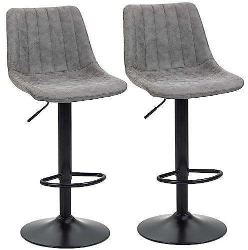HOMCOM Modern Bar Stools Set of 2, Height Adjustable Swivel Bar Chairs with Backrest, Gas Lift and Footrest, Leathaire Barstools for Breakfast Counter, Kitchen Island, Grey