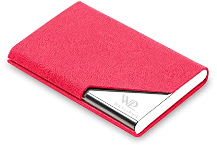 Waylipun Business Card Holder, Professional PU Leather & Stainless Steel Business Name Card Case, Keep Business Cards in Immaculate Condition, Slim Metal Pocket Card Holder with Magnetic Shut(RoseRed)