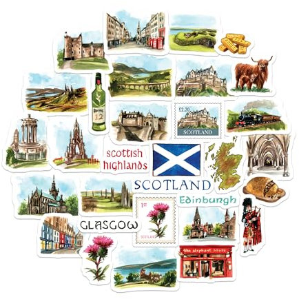 Navy Peony Spektakuläre Schottland Reiseaufkleber (30 Stück) – Aquarell, wasserdicht, schottische Urlaubsaufkleber für Journale, Scrapbooks und Trinkflaschen