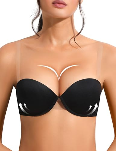 YANDW Soutien-gorge push-up sans bretelles Multiway Super rembourré Add 2 bonnets Soutien avec bretelles transparentes Armatures Dentelle Demi BHS, Noir , 95A