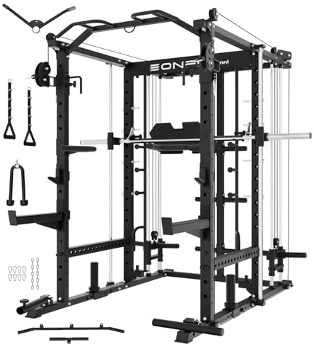 EonfitOmni Eonfit E5 Smith Machine with Vertical Leg Press, Power Cage Squat Rack with LAT-Pull Down Cable Crossover Rotating Arms System Home Gym Equipment All in One (Black, STD)