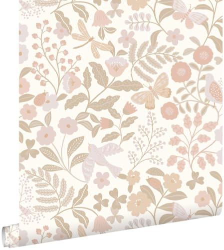 ESTAhome tapet blommor och fåglar vitt, beige och milt rosa 53 cm x 10.05 m