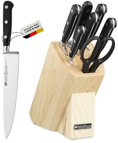 GROSSMAN® Dayton Bloque de cuchillos | Juego de 7 cuchillos con bloque | Cuchillas de acero inoxidable alemán | Bloque de cuchillos | Set de cocina (Marfil claro | Negro profundo, 7 piezas)