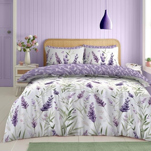GC GAVENO CAVAILIA Floral Bedding Double Bed Set (200x200 cm), Reversible Leaf Duvet Cover With Pillowcases, Breathable Bed Covers Double Bed, Lavender