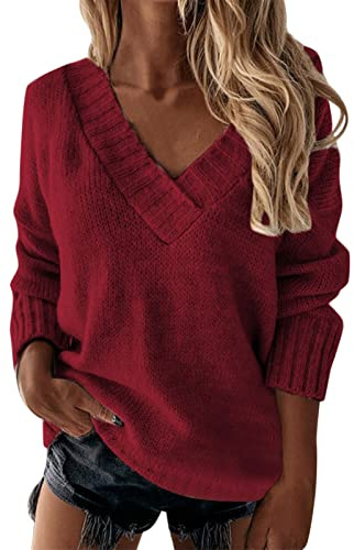 Jersey Punto Mujer Suéter Cuello Pico Otoño Fino Manga Larga Con Cuello En V De Color Liso