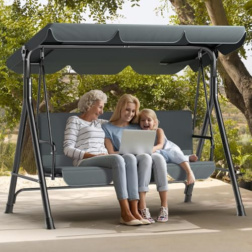 Columpio de Jardín de 3 Plazas Con Toldo Ajustable - Ergonómico Resistente a la Intemperie, Banco Balancín de 200 kg, Tumbona Impermeable Para Balcón, Color Gris