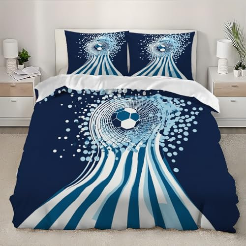 Tema di Calcio Astratto Con Vortice Set Biancheria da Letto 155x200 cm 3 Pezzi per Ragazzi e Ragazze, Blu Scuro Copripiumino 3D in Microfibra, Set Copripiumone Traspirante e Ipoallergenico