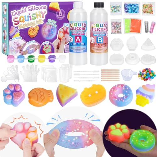 Highttoy Kit Squishy Silicone Liquide Lumineux Bricolage Enfant,480ml Rapport AB 1:1 Squishy Caoutchouc Silicone avec 6 Moules et Accessoires,Jouets Sensoriels Anti-Stress,Cadeau Enfant 6+ Ans