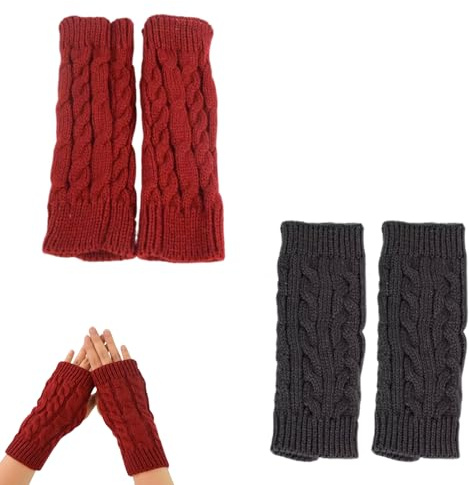 2 Paar Handstulpen,Pulswärmer Damen,Fingerlose Handschuhe Damen,Arm Warmers,Weicher Strick Handschuhe Ohne Finger,Winter Halb Fingerhandschuhe,Fingerless Gloves,Strickhandschuhe (Weinrot+Dunkelgrau)