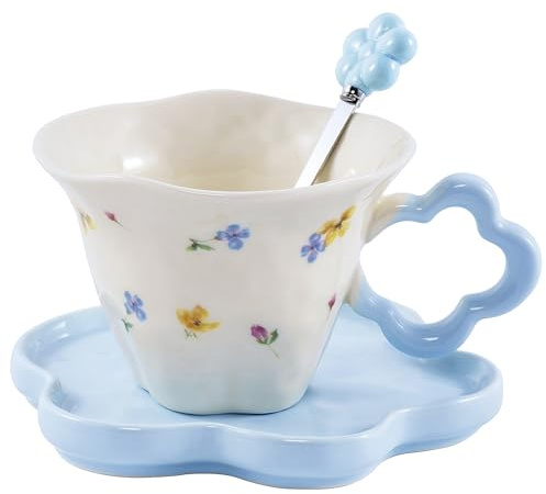All-Pie Ceramic Cappuccino Cups with Saucers and Spoon,Coffee,Tea Cup - 250 ml/8.8 oz，Flower Shape (Blue)