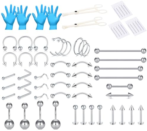 LAURITAMI kit piercing completo, varie misure 14G 16G 20G Acciaio inossidabile Piercing naso setto nasale Sopracciglia Labbra Lingua Cartilagine ombelico Set di gioielli