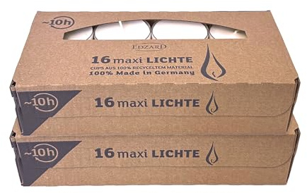 EDZARD Pack of 32 Maxi Tea Lights, Diameter 54 mm, White, Clear Colourless Plastic Case, Unscented, Burn Time 10 Hours