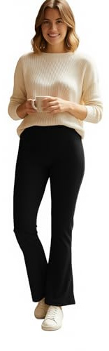 Ladies Winter Trousers Flared Bootleg Warm Strechy Elasticated Waist Pull On Workwear Office Pants (Black, L27 W12)
