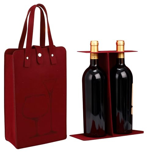 Red Double Wine Bag, Thick Felt Wine Tote Bag with Handles, Reusable Wine Gift Bag for 2 Bottles (750ml), Anti-Collision Bottle Carrier for Valentine's Day Chinese New Year Wedding Picnic Travel