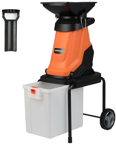 GOPLUS Trituradora Eléctrica 3000 W, Trituradora de Ramas con Caja de Recogida 50 L, Reducción 15: 1, Ø 45 mm, Cuchillas de Doble Filo, 4500 RPM Biotrituradora con Ruedas, para Jardín Patio (Naranja)