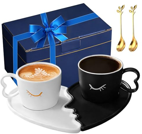 Set di 2 tazze in ceramica con piattini, 200 ml, per uomini e donne, regalo romantico per matrimonio, fidanzamento, anniversario di matrimonio e San Valentino