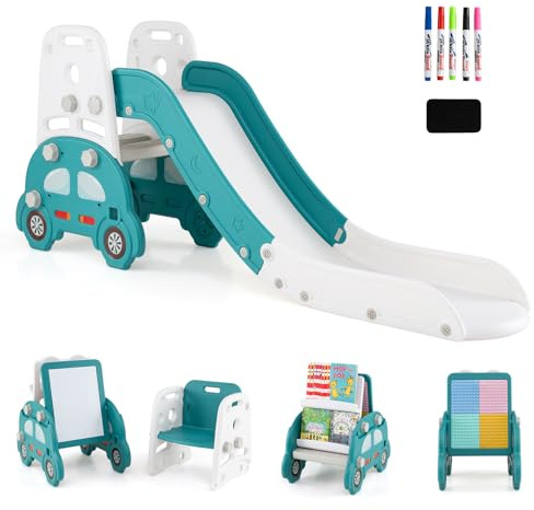 RELAX4LIFE 5 in 1 Scivolo per Bambini da Casa Interno, Lavagna Magnetica Bifacciale, Libreria Montessoriana e Blocchi da Costruzione, Scaletta da Arrampicata, per Bambini 3+ Anni