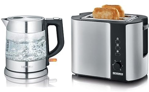SEVERIN WK 3468 Glas-Wasserkocher (ca. 2.200 W, 1 L) edelstahl/schwarz & Automatik-Toaster, Inkl. Brötchen-Röstaufsatz, 2 Röstkammern, 800 W, AT 2589, Edelstahl/Schwarz