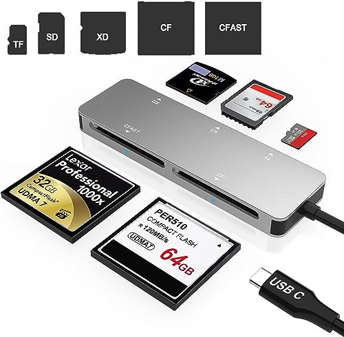 Lettore di schede CFast, adattatore di schede di memoria USB 3.0 USB C CFast 2.0/CF/SD/TF/XD, lettura di 5 schede contemporaneamente ad alta velocità in alluminio, supporto per Windows/Linux/MAC OS