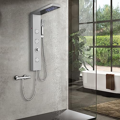 ROVOGO Panel de ducha LED sin grifo, 4 funciones: ducha de lluvia LED, chorros de masaje, ducha de mano, bañera y columna de ducha de acero inoxidable cepillado