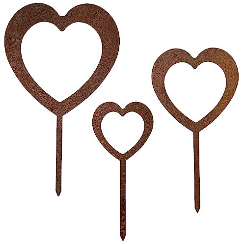 EXTRAVAGANT® Lot de 3 piquets en forme de cœur - Décoration de jardin - Plaque funéraire - Métal - Acier rouillé - Résistant aux intempéries - Pour jardin, parterre de fleurs