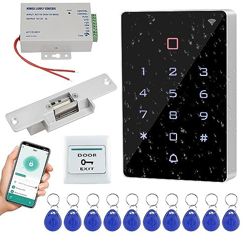 Gaocinys WIFI Tuya APP Access Control System Kit Waterproof RFID Access Control Keypad, Fail-Safe Electric Strike Lock, 12VDC Power Supply Unit, Door Switch Button, 125KHz RFID Badge Key fobs