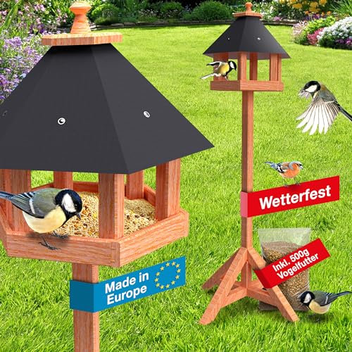 Rellinger® Vogelhaus mit Ständer wetterfest [WETTERFEST & LANGLEBIG] - inkl. 500g Premium Vogelfutter - Futterhaus für Vögel aus zertifiziertem Holz - Sechseck Vogelhäuschen (robust & stabil)